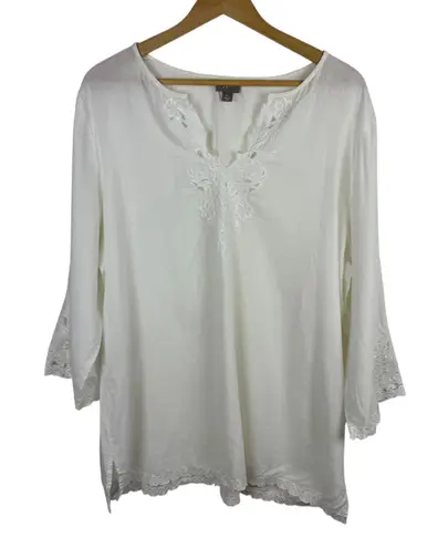 J Jill Embroidered Tunic Top Sz XL Linen Blend Coastal Grandma Beachy Vacation White