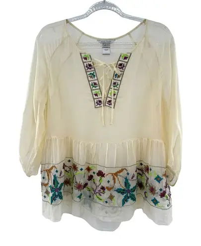 John Mark Tunic Womens S Ivory Sheer Silk Crosstitch Lace Up Boho