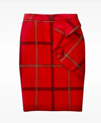 Karen Millen  Edgy Red High Waisted Tartan Plaid Ruffle Popover Pencil Skirt Sz.2