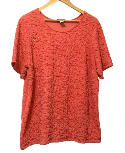 Catherines Womens Textured Sequin Top Orange Crinkle Knit Glam Shimmer Mature