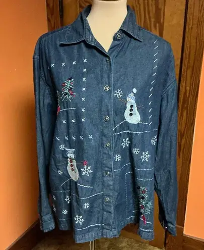 Vtg Y2K embroidered snowman denim shirt Blue Size XL