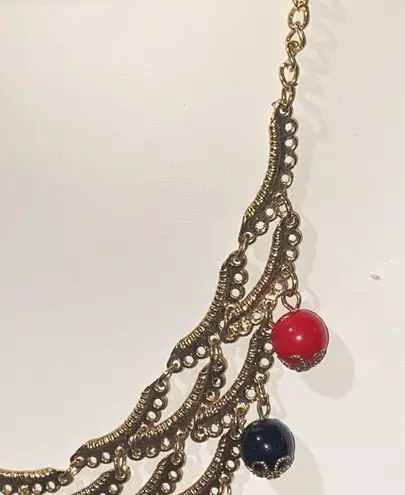 NWT Golden Layered Bib Necklace with Red & Black Beaded Accents Red