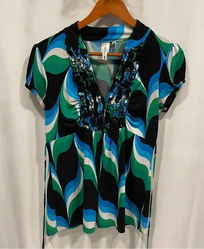 Heart soul Y2k green blue ruffle collar tie back babydoll flowy top stretchy