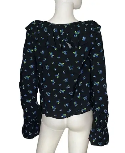 We Wore What Women's Floral Print Ruffle Blouse Watercolor Ditsy Black Multi Sz L