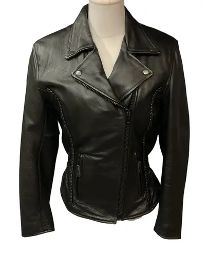 Leather King Braided Detail Sexy Fitted Black Leather Motorcycle Jacket Size S