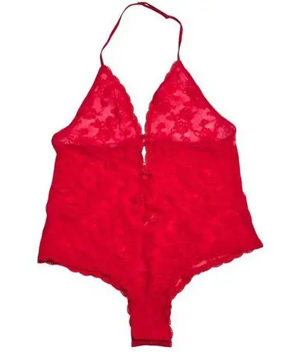Victoria's Secret VS  Lace Bow Halter Neck Sheer Teddy Bodysuit Red Medium