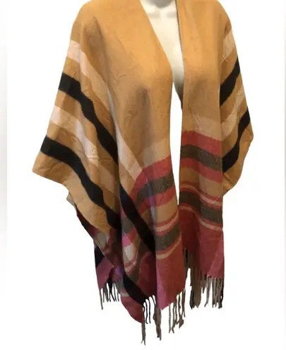 Woolrich Southwest Navajo Ruana Poncho Plaid Fringe Sz 0S Tan Red Viscose Blend