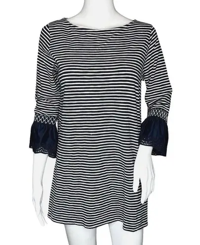 J. Jill Shirt Womens Small Petite Black White Stripe Tunic Ruffle Casual Lounge Blue Size undefined