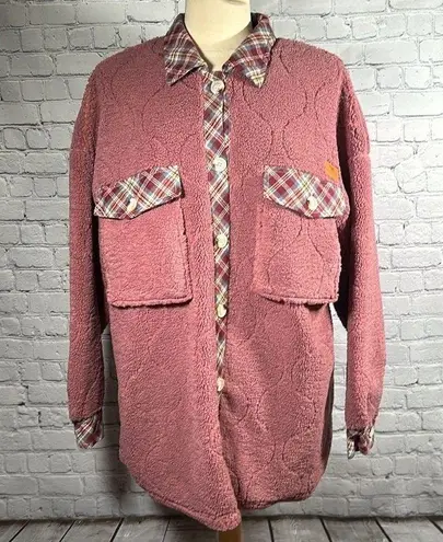 Simply Southern  Sherpa Quilted And Plaid Rose Jacket Shacket size Large NEW