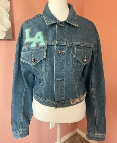 VTG 80s 90s LA GEAR cropped pastel patchwork streetwear jean jacket rockabilly L Size L