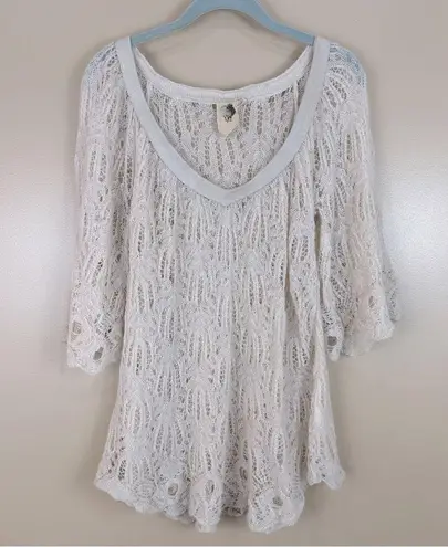 Black Sheep Ivory Boho Crochet Lace 3/4 Bell Sleeve Suede Trim Sweater Large