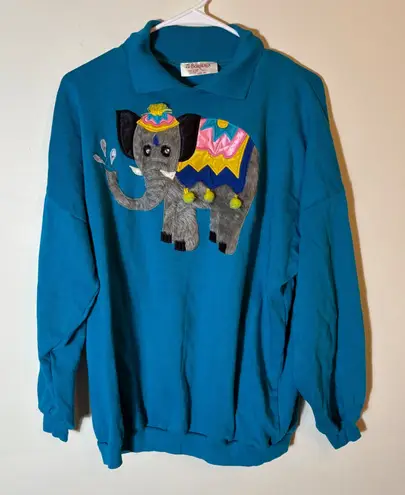 Bordeaux Vintage 1981 Elephant Appliqué Sweatshirt Teal Blue 2X Pom Pom Sweater