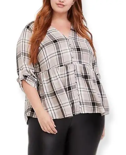 Torrid  Plaid Metallic Babydoll Twill Button Front Top - Image 1