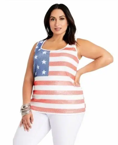 Ashley Stewart NEW Sequin American Flag Scoop Neck Tank, Red, White and Blue, 3X