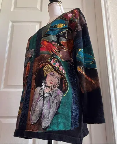 MARGUERITA Tea Time Vintage Theme Ladies Hats Gloves Black Sweater Painted Art Size M