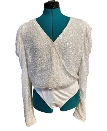 White Birch White Sequin Bodysuit Size L Puff Sleeve V Neck Holiday Party Fairy