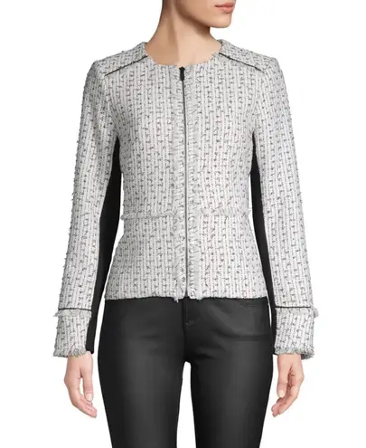 Karl Lagerfeld Paris White Fringe-Trimmed Tweed Zip Up Jacket Size Small