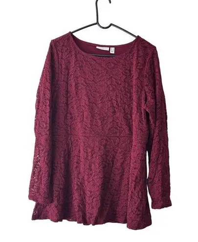 Susan Graver Womens Burgundy Lace Overlay Long Sleeve Tunic Top L Sheer Sleeves