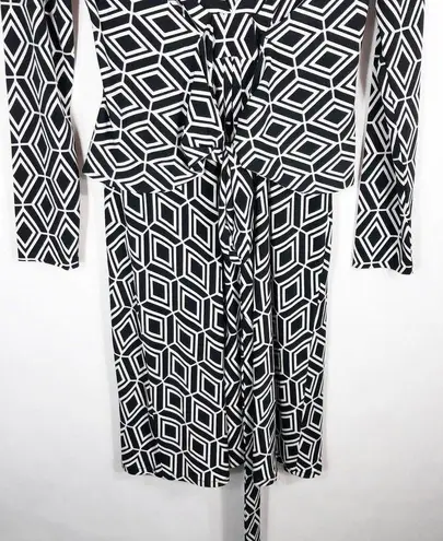 Cache  Small Dress Black White Diamond Print Knee Length Belted Long Sleeve 207