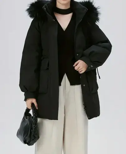 Real raccoon fur collar down winter jacket coat parka puffer trench coat bomber Black Size M