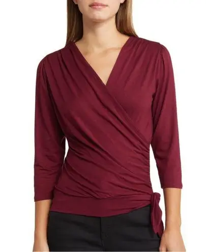 Loveappella Elegant Burgundy Faux Tie Wrap Top Size Small New WOT