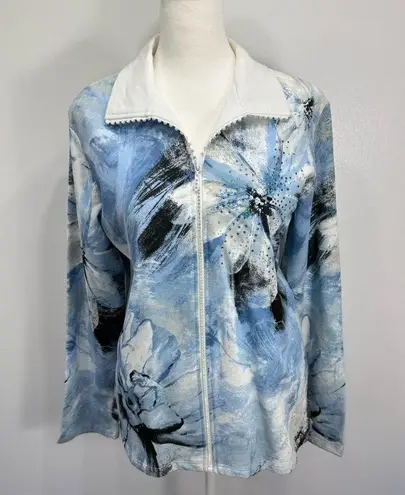 Jess & Jane Wind Poems Blue Floral Rhinestone Zipper Knit Jacket Size Medium White
