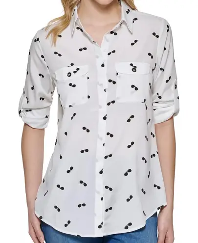 Karl Lagerfeld White Black Sunglasses Roll Tab Sleeve Button Up Collar Blouse XS