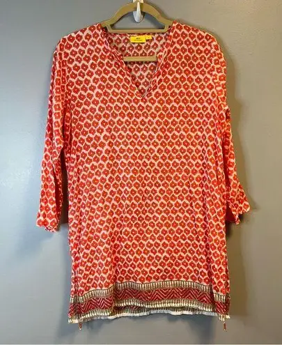 Roller Rabbit  Swim Cover Up Cream & Coral Pattern Tunic w/ Tassels Sz S EUC