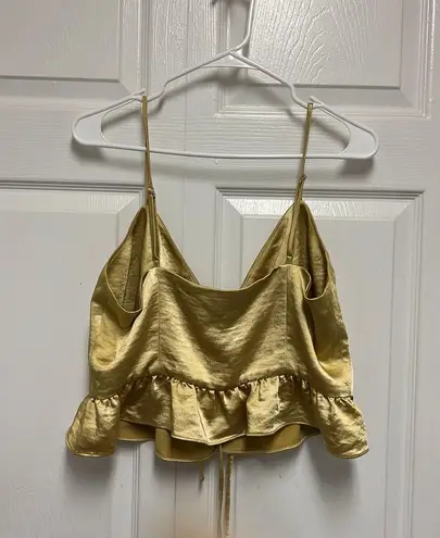 LPA Chartreuse Green Satin Front Tie Ruffle Hem Bardot