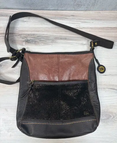 The Sak Iris Leather Crossbody Brown Black Two Tone Metallic Suede Shoulder Bag