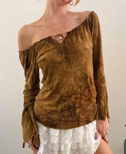 Y2K F21 Brown Printed Boho Peasant Flare Sleeve Top Size L