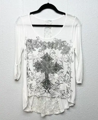 Rhinestone Flowy Womens Top Small Rockabilly Punk Chaotic Academia Streetwear White