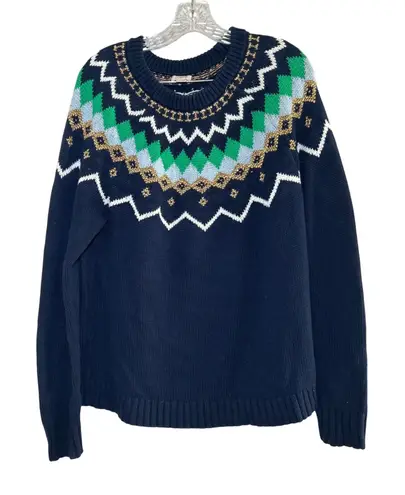 J Crew Navy Fair Isle Sweater Women's L Green Blue Gold Sparkle Knit holiday Size L