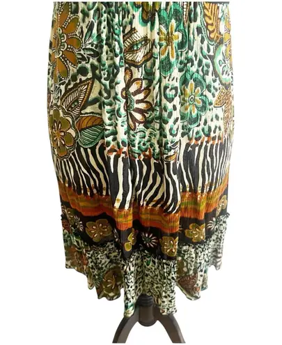 Forbidden Safari Print Dress Midi Size Medium Studded Neckline Tan Black Hippie Brown