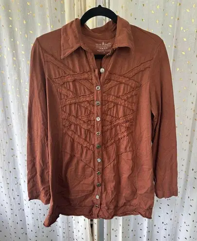 Neon Buddha Brown Ruffle Trim Novelty Media Metal Buttons A Line Tunic Top M Size M