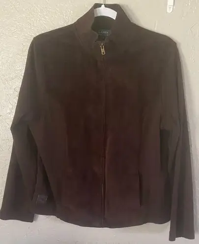 Lauren Ralph Lauren Womens Faux Suede Jacket Size Large Full Zip Equestrian Brown