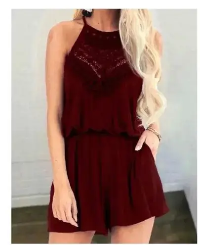 🆕Lace Splicing Drawstring Pocket Romper L🆕 Red Size L