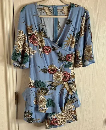 Relipop  Women's Romper Floral V Neck Double Layer Ruffle Hem Rompers. Size M