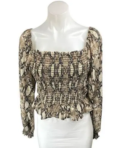 Sage The Label Beige Black Snakeskin Long Sleeve Smocked Blouse Crop Top Size M