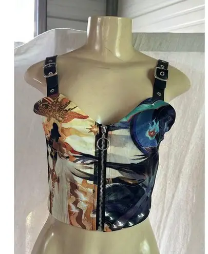 Graphic Print Corset Top Buckle Strap Sleeveless Party Clubwear Sexy Size S Black