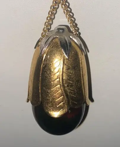 Vintage Avon Eggplant Shaped Perfume Bottle Holder Pendant Necklace 26" Gold