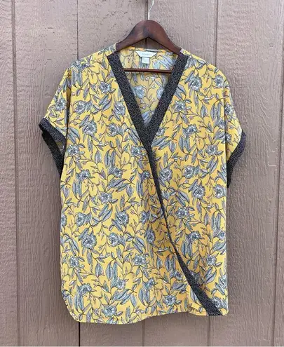 cj banks  Womens Shirt Blouse Yellow Floral Faux Wrap Short Sleeve Plus Size 1X