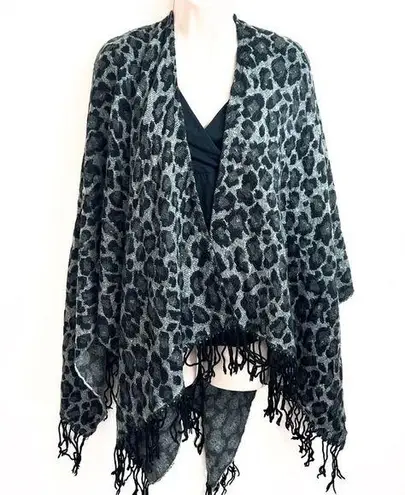 New York & Company Animal Print Knit Fringe Shawl Sweater Cape Scarf Gray Black