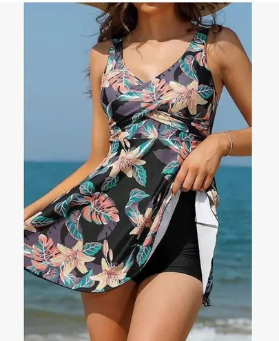 SHEKINI Elegant Twist Shirring One Piece Swimdress Tummy Control Skirt Black Size XXL