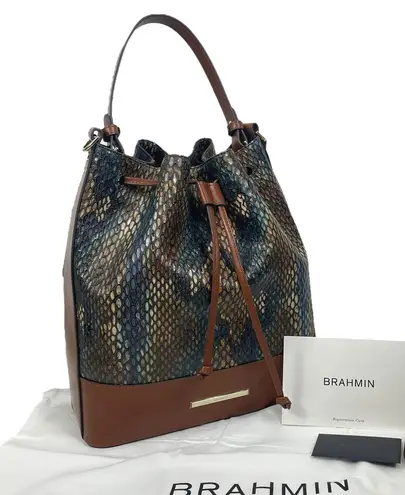 Brahmin Marlowe Embossed Leather Bucket Bag Bottle Blue Fletcher