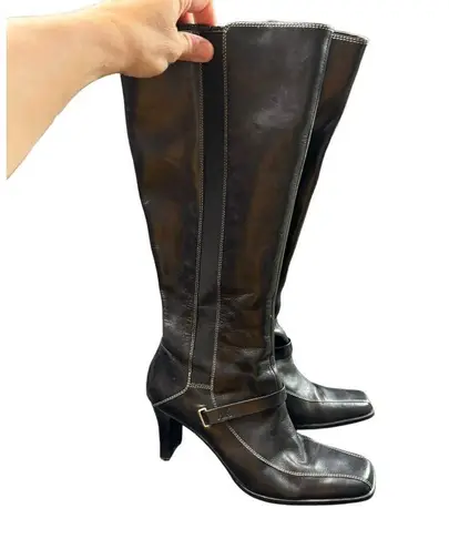 Anne Klein  SZ 7 Women's Black Leather Knee-High Boots With Heels & Buckle Detail