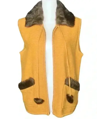 Vintage 90s Mustard 100% Boiled Wool Brown Faux Fur Collar Vest. Size Medium EUC Yellow