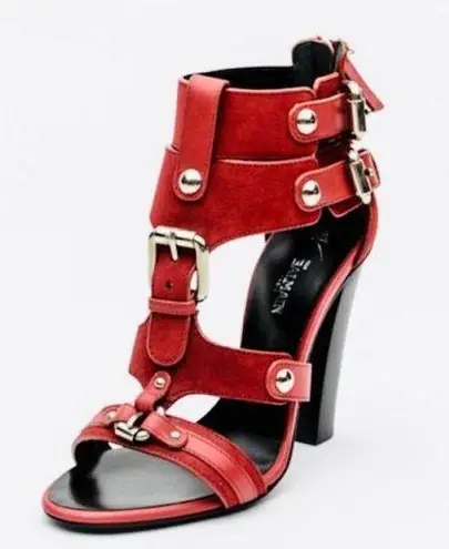 Balmain Giuseppe Zanotti For Red Suede Buckle Strappy Sandals Size 38