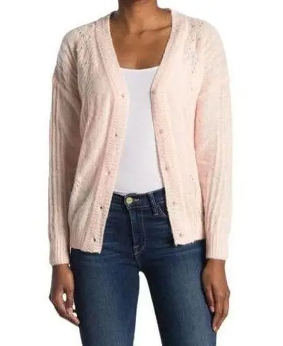 FRNCH Paris V-Neck Pointelle Cardigan Pink Pearl