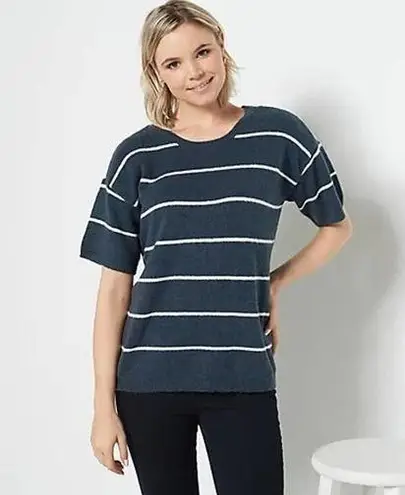 NYDJ Oxford Navy Striped Short Sleeve Crewneck Soft Sweater Top Size 0X NWT